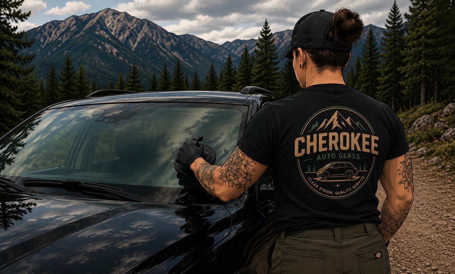 Cherokee Auto Glass technician working on a vehicle in the mountains